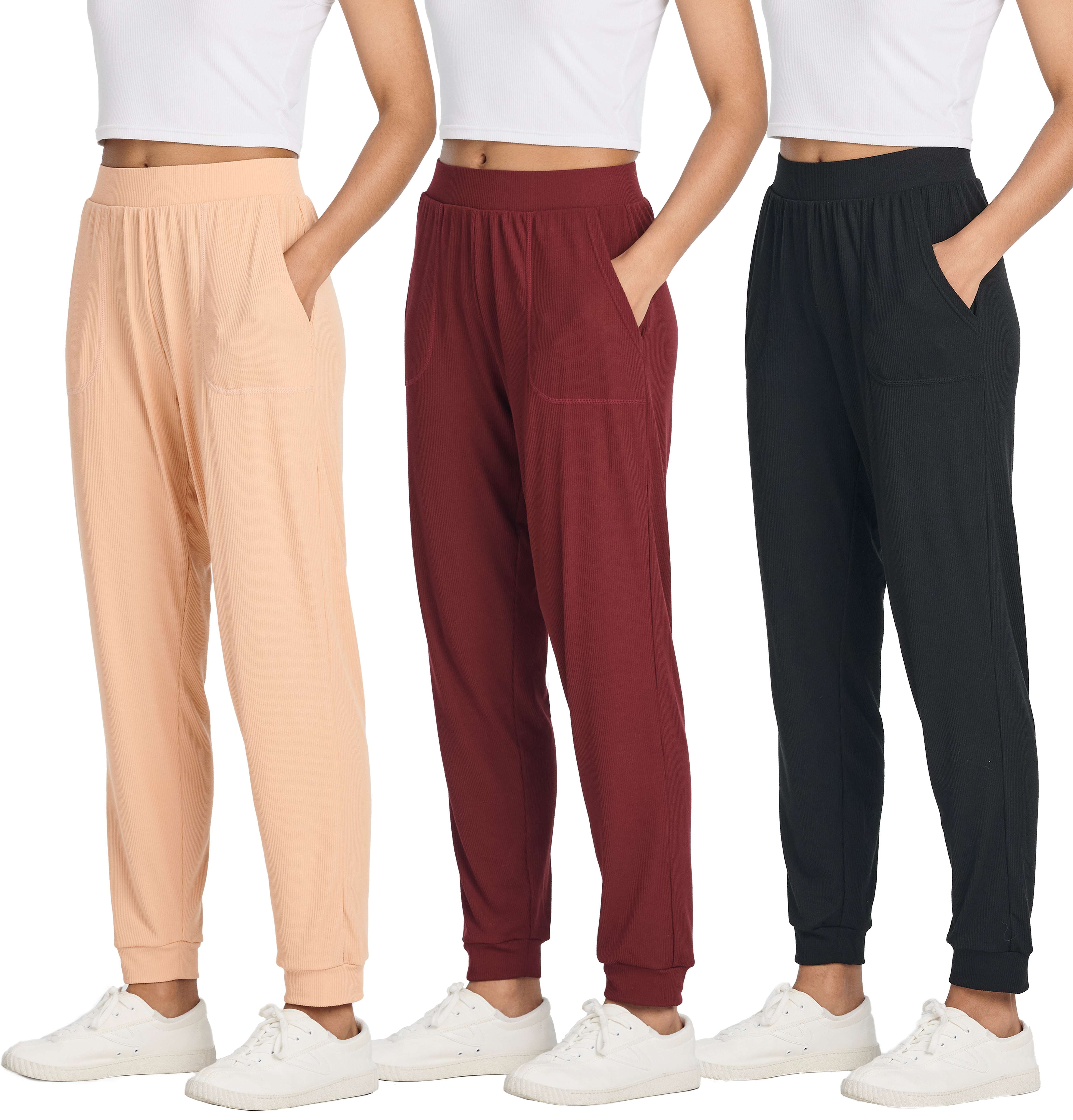 Repc Drawstring Real Essentials 3 Pack: Women's Ribbed Lounge Jogger Cuffed Yoga ...