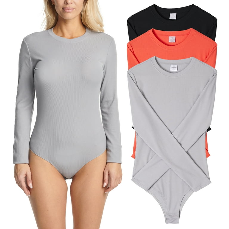 Real Essentials 3 Pack: Women's Round Neck Long Sleeve Ribbed Bodysuit  Shirt Tops (Available in Plus Size) 