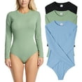 thumbnail image 1 of Real Essentials 3 Pack: Women's Round Neck Long Sleeve Ribbed Bodysuit Shirt Tops (Available in Plus Size), 1 of 6