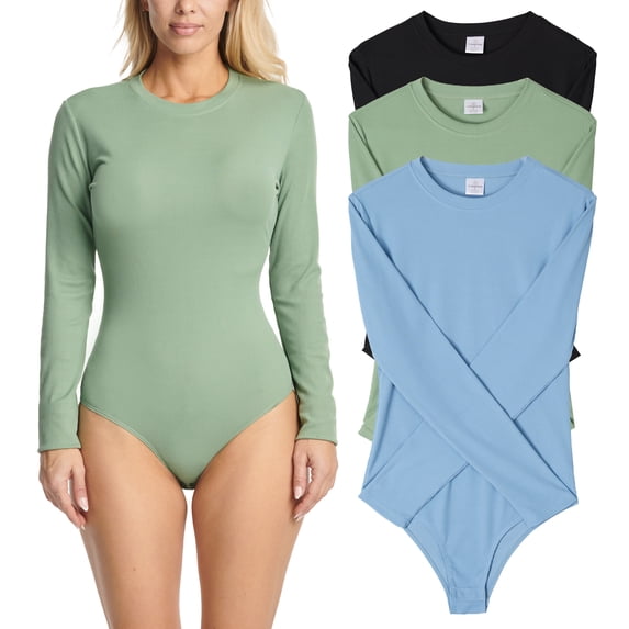 Real Essentials 3 Pack: Women's Round Neck Long Sleeve Ribbed Bodysuit Shirt Tops (Available in Plus Size)