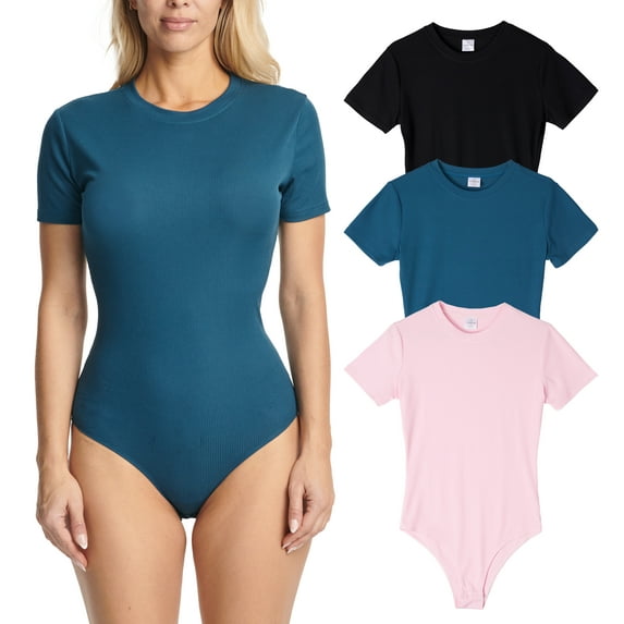 Real Essentials 3 Pack: Women's Round Neck Short Sleeve Ribbed Shapewear Bodysuit Shirt Tops - (Available in Plus Size)