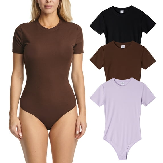 Real Essentials 3 Pack: Women's Round Neck Short Sleeve Ribbed Shapewear Bodysuit Shirt Tops - (Available in Plus Size)