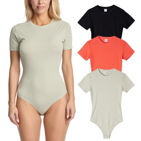 Real Essentials 3 Pack: Women's Round Neck Short Sleeve Ribbed Shapewear Bodysuit Shirt Tops - (Available in Plus Size)