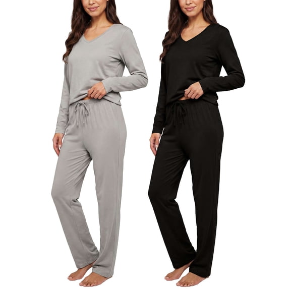 Real Essentials 2 Pack Women's Soft Cotton Long Sleeve Pajama Set with Pants - Lounge Sets for Women (Available In Plus)