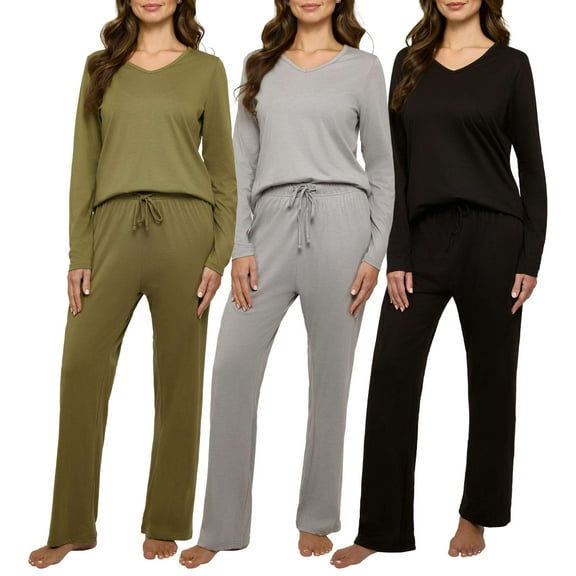Real Essentials 3 Pack Women's Soft Cotton Long Sleeve Pajama Set with Pants - Lounge Sets for Women (Available In Plus)
