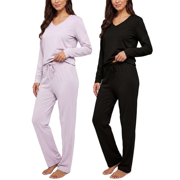 Real Essentials 2 Pack Women's Soft Cotton Long Sleeve Pajama Set with Pants - Lounge Sets for Women (Available In Plus)