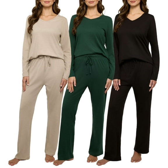 Real Essentials 3 Pack Women's Soft Cotton Long Sleeve Pajama Set with Pants - Lounge Sets for Women (Available In Plus)