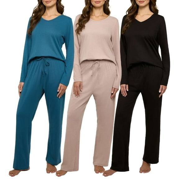 Real Essentials 3 Pack Women's Soft Cotton Long Sleeve Pajama Set with Pants - Lounge Sets for Women (Available In Plus)