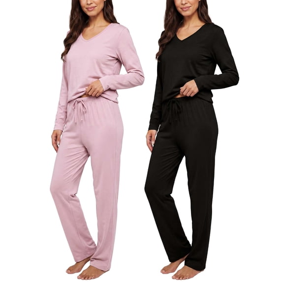 Real Essentials 2 Pack Women's Soft Cotton Long Sleeve Pajama Set with Pants - Lounge Sets for Women (Available In Plus)