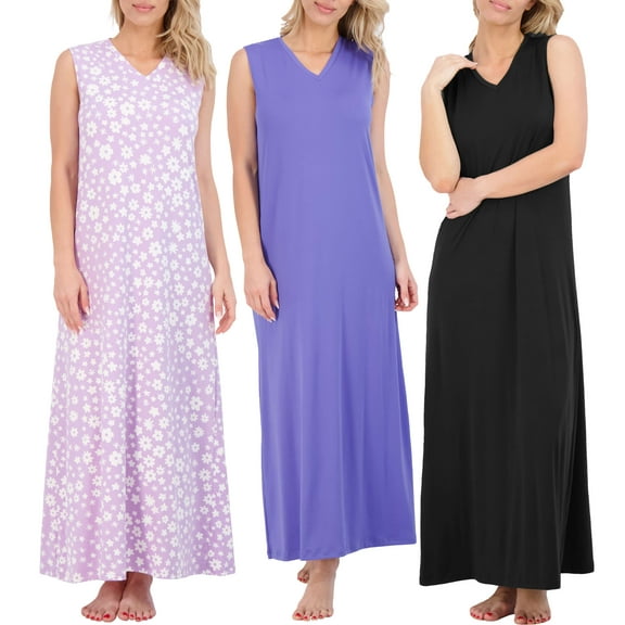Real Essentials 3 Pack: Women's Soft Tank Nightgown Sleeveless Nightshirt Sleep Dress (Available In Plus Size)