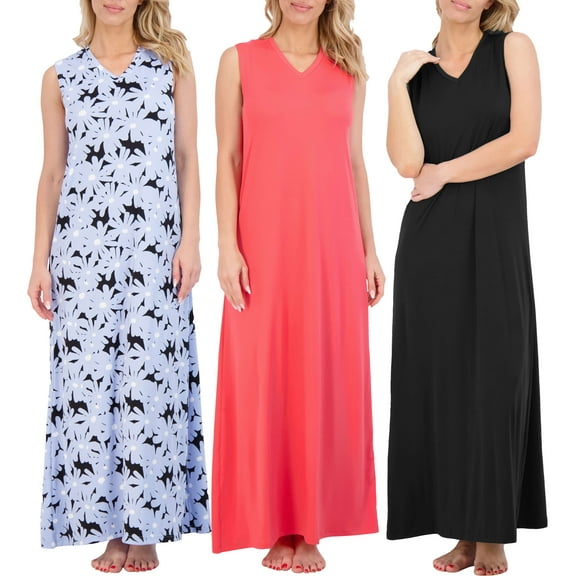 Real Essentials 3 Pack: Women's Soft Tank Nightgown Sleeveless Nightshirt Sleep Dress (Available In Plus Size)