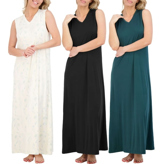 Real Essentials 3 Pack: Women's Soft Tank Nightgown Sleeveless Nightshirt Sleep Dress (Available In Plus Size)