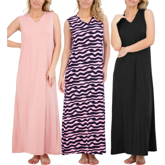 Real Essentials 3 Pack: Women's Soft Tank Nightgown Sleeveless Nightshirt Sleep Dress (Available In Plus Size)