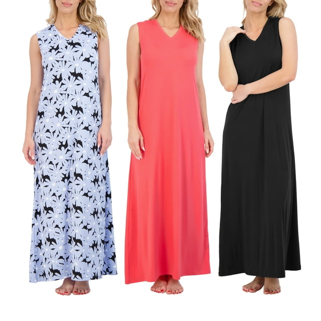 Real Essentials 3 Pack: Women's Soft Tank Nightgown Sleeveless ...