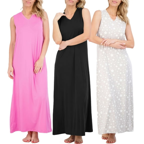 Real Essentials 3 Pack: Women's Soft Tank Nightgown Sleeveless Nightshirt Sleep Dress (Available In Plus Size)