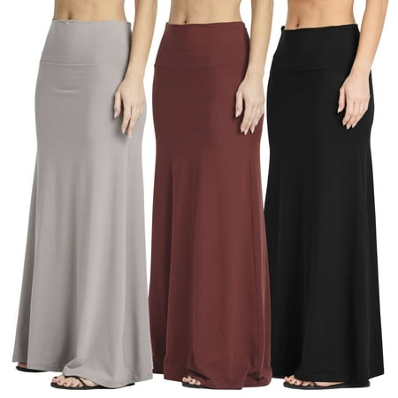 Real Essentials 3 Pack: Women's Ultra-Soft Flowy Maxi High Waisted Long Skirts (Available in Plus Size)