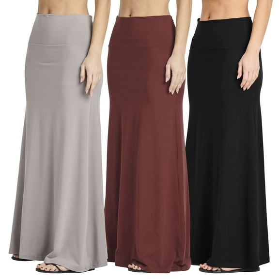 Real Essentials 3 Pack: Women's Ultra-Soft Flowy Maxi High Waisted Long Skirts (Available in Plus Size)