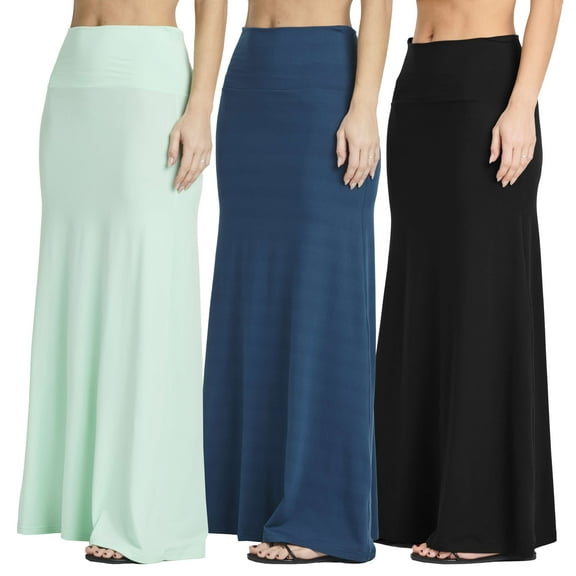 Real Essentials 3 Pack: Women's Ultra-Soft Flowy Maxi High Waisted Long Skirts (Available in Plus Size)