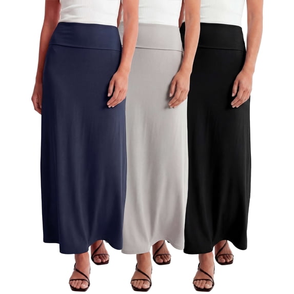 Real Essentials 3 Pack: Women's Ultra-Soft Flowy Maxi High Waisted Long Skirts (Available in Plus Size)