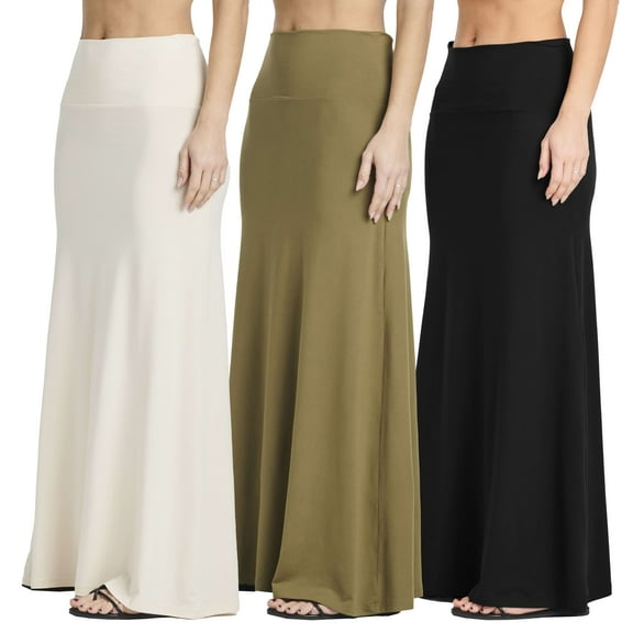Real Essentials 3 Pack: Women's Ultra-Soft Flowy Maxi High Waisted Long Skirts (Available in Plus Size)