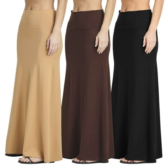 Real Essentials 3 Pack: Women's Ultra-Soft Flowy Maxi High Waisted Long Skirts (Available in Plus Size)
