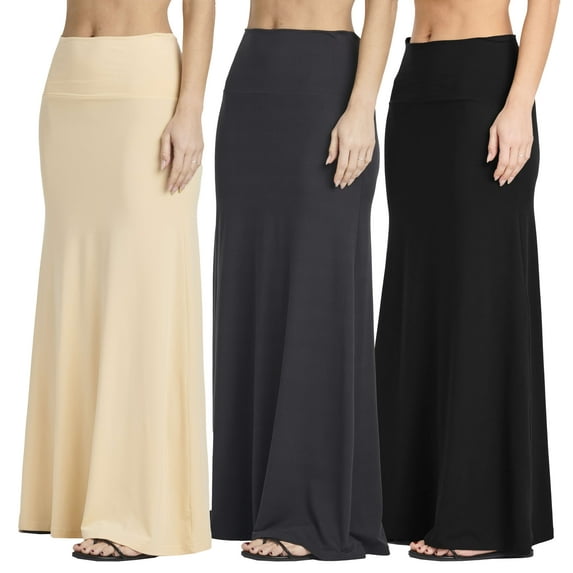 Real Essentials 3 Pack: Women's Ultra-Soft Flowy Maxi High Waisted Long Skirts (Available in Plus Size)