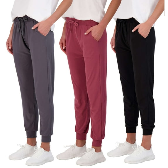 Real Essentials 3 Pack: Women's Ultra-Soft Lounge Joggers Athletic Yoga Pants with Pockets (Available in Plus Size)