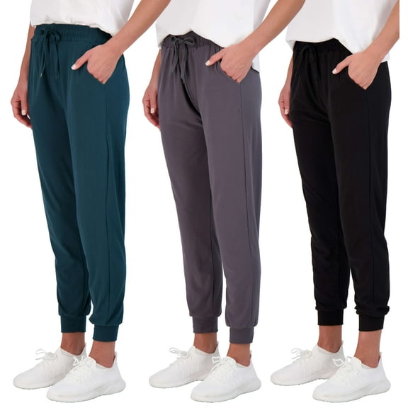 Real Essentials 3 Pack: Women's Ultra-Soft Lounge Joggers Athletic Yoga Pants with Pockets (Available in Plus Size)