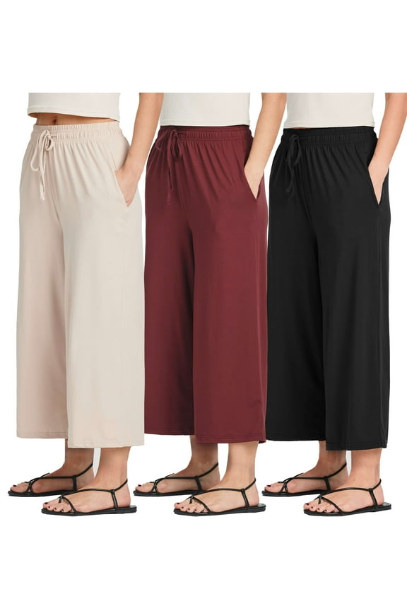 3 Pack: Women's Ultra-Soft Wide Leg Loose Capri Open Bottom Pants - Yoga Lounge Pockets(Available in Plus)