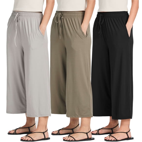 Real Essentials 3 Pack: Women's Ultra-Soft Wide Leg Loose Capri Open Bottom Pants - Yoga Lounge Pockets(Available in Plus)