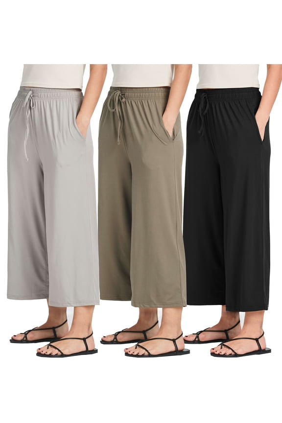 3 Pack: Women's Ultra-Soft Wide Leg Loose Capri Open Bottom Pants - Yoga Lounge Pockets(Available in Plus)