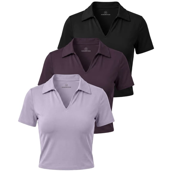 Real Essentials 3 Pack: Women's V Neck Crop Polo Shirts - Short Sleeve Sweater Dry Fit Golf Athletic Workout Collared Tops