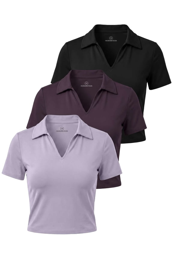3 Pack: Women's V Neck Crop Polo Shirts - Short Sleeve Sweater Dry Fit Golf Athletic Workout Collared Tops