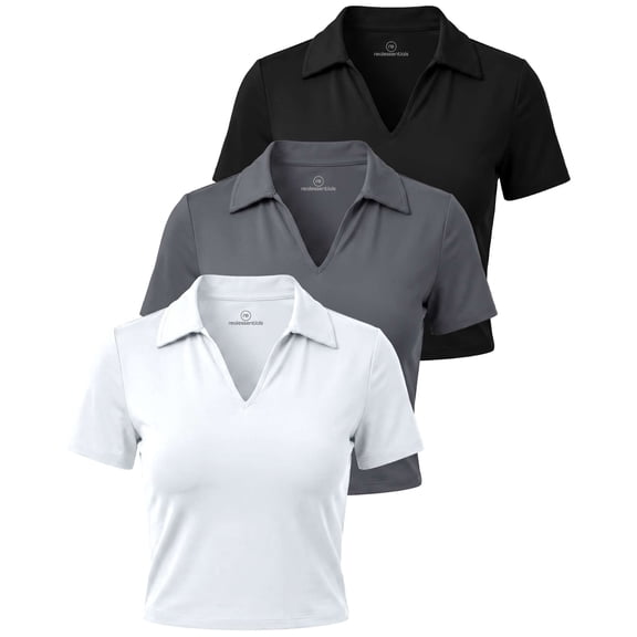 Real Essentials 3 Pack: Women's V Neck Crop Polo Shirts - Short Sleeve Sweater Dry Fit Golf Athletic Workout Collared Tops