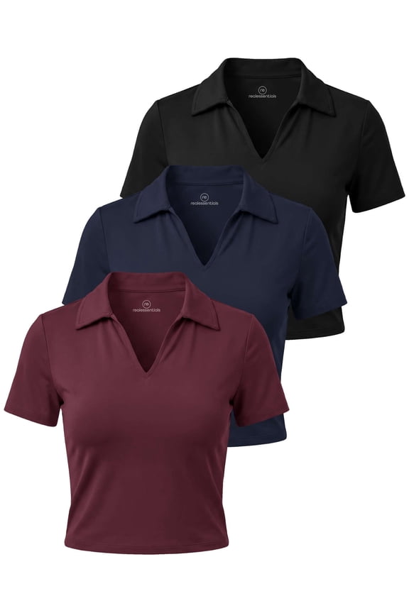 3 Pack: Women's V Neck Crop Polo Shirts - Short Sleeve Sweater Dry Fit Golf Athletic Workout Collared Tops