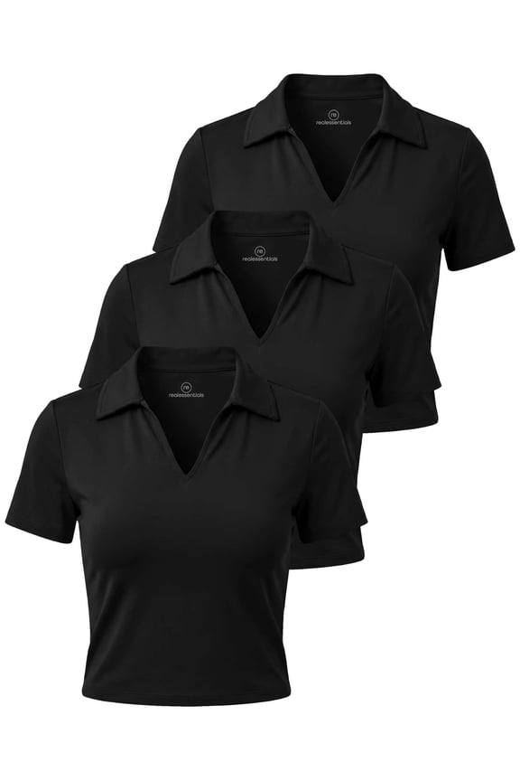 3 Pack: Women's V Neck Crop Polo Shirts - Short Sleeve Sweater Dry Fit Golf Athletic Workout Collared Tops