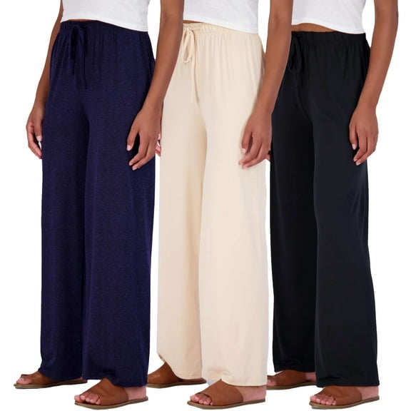 Real Essentials 3 Pack Soft Palazzo Pajama Pants for Women, Wide Leg Comfortable Casual Lounge Yoga Bottoms (Plus Size)
