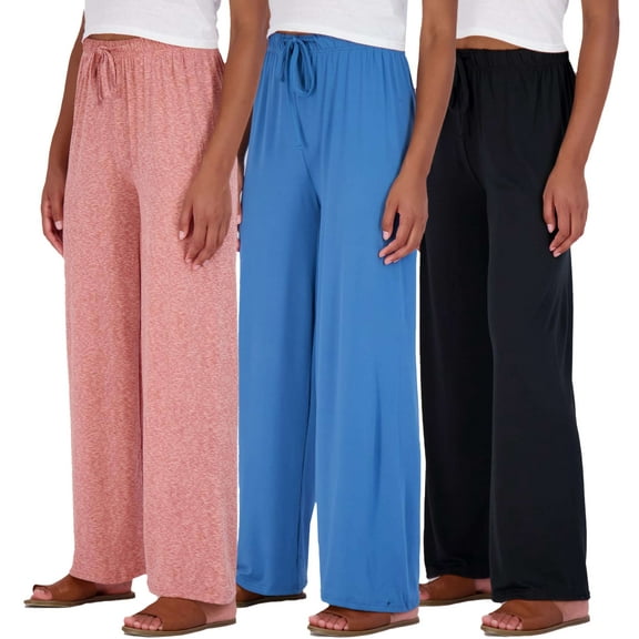 Real Essentials 3 Pack Soft Palazzo Pajama Pants for Women, Wide Leg Comfortable Casual Lounge Yoga Bottoms (Plus Size)