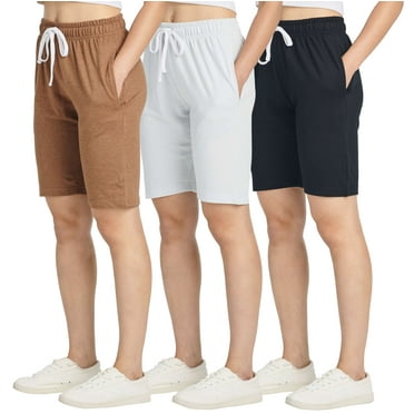 Real Essentials 3 Pack: Womens Cotton French Terry 9" Bermuda Short Pockets-Casual Lounge Athletic (Available in Plus)