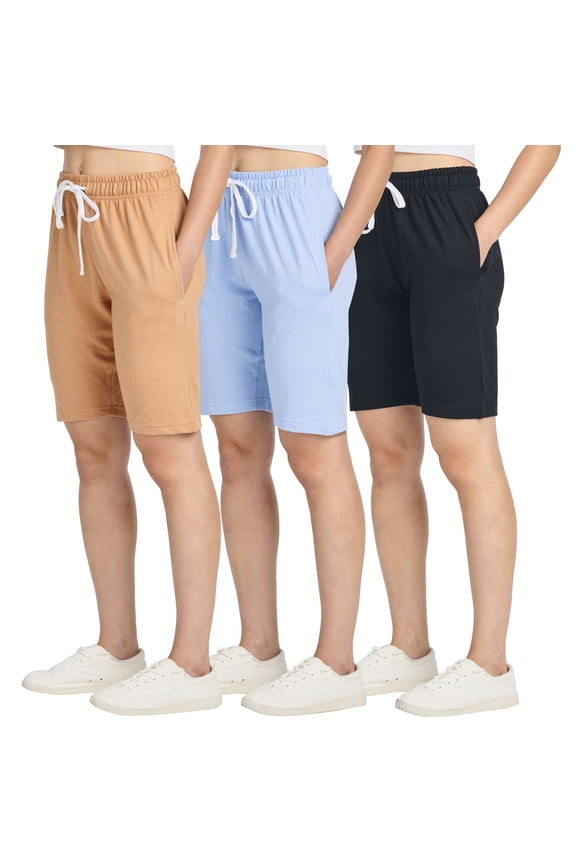 3 Pack: Womens Cotton French Terry 9" Bermuda Short Pockets-Casual Lounge Athletic (Available in Plus)