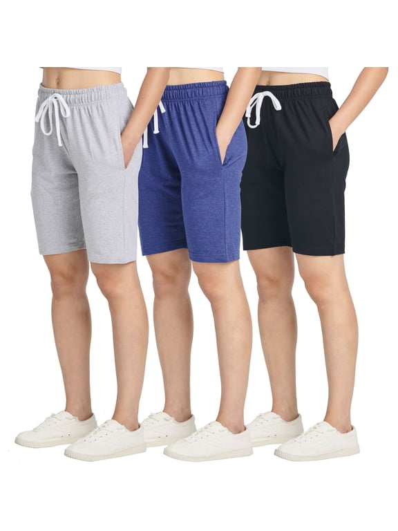 3 Pack: Womens Cotton French Terry 9" Bermuda Short Pockets-Casual Lounge Athletic (Available in Plus)