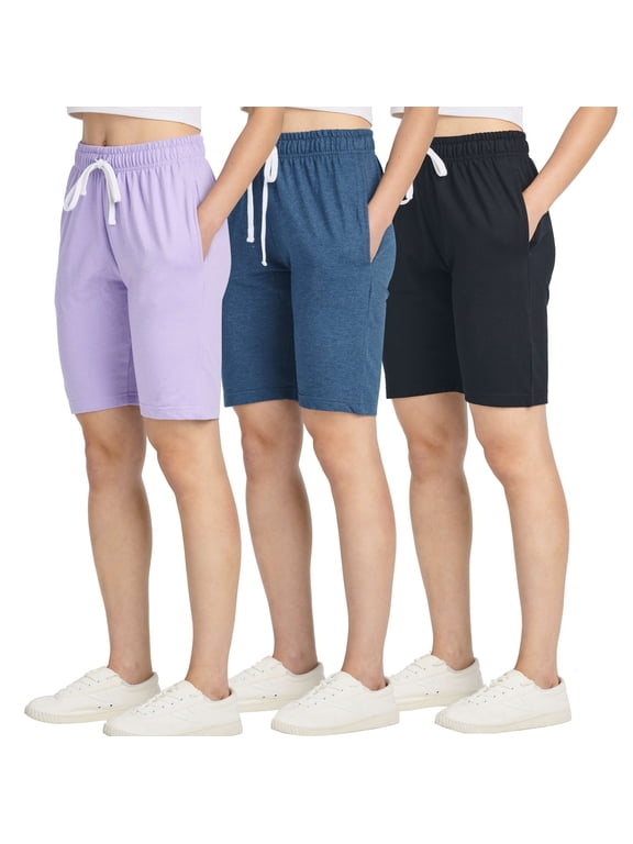 3 Pack: Womens Cotton French Terry 9" Bermuda Short Pockets-Casual Lounge Athletic (Available in Plus)