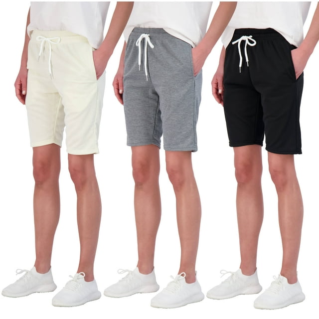 Real Essentials 3 Pack: Womens Cotton French Terry 9" Bermuda Short Pockets-Casual Lounge Athletic (Available in Plus)