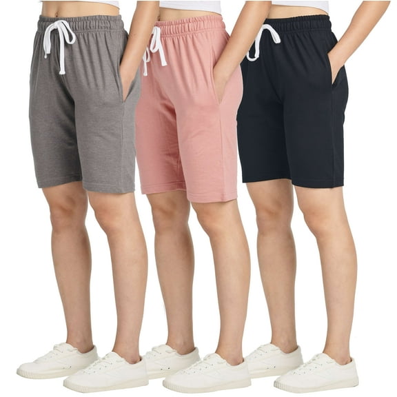 Real Essentials 3 Pack: Womens Cotton French Terry 9" Bermuda Short Pockets-Casual Lounge Athletic (Available in Plus)