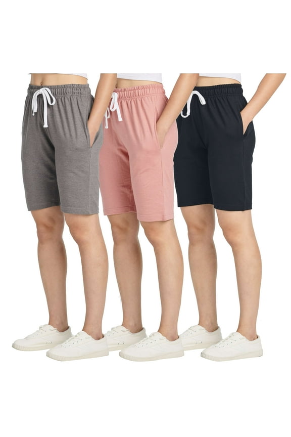3 Pack: Womens Cotton French Terry 9" Bermuda Short Pockets-Casual Lounge Athletic (Available in Plus)