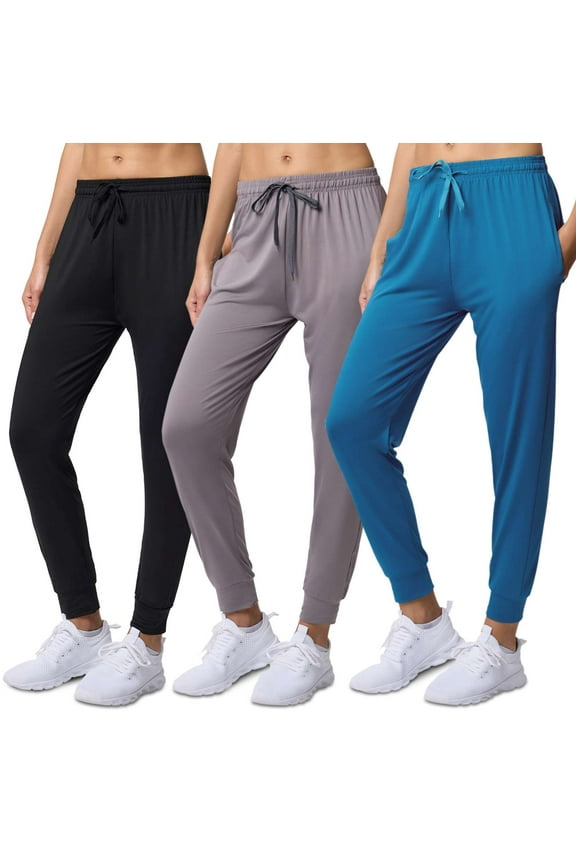 3 Pack: Womens Dry-Fit Active Athletic Joggers Yoga Lounge Pants - Drawstring (Available in Plus Size)