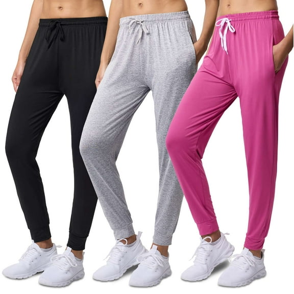 Real Essentials 3 Pack: Womens Dry-Fit Active Athletic Joggers Yoga Lounge Pants - Drawstring (Available in Plus Size)
