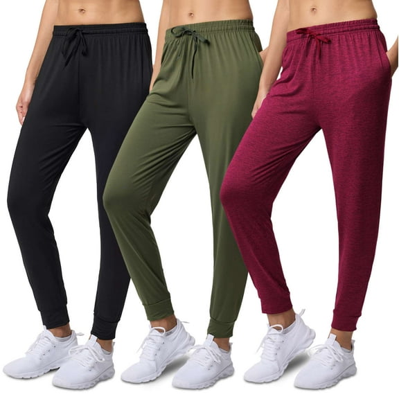 Real Essentials 3 Pack: Womens Dry-Fit Active Athletic Joggers Yoga Lounge Pants - Drawstring (Available in Plus Size)