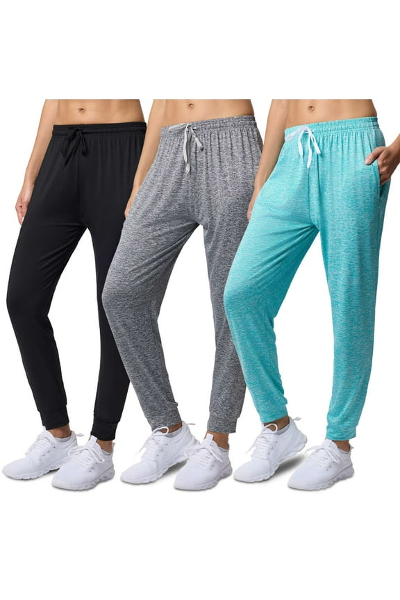 3 Pack: Womens Dry-Fit Active Athletic Joggers Yoga Lounge Pants - Drawstring (Available in Plus Size)