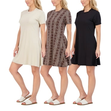 Real Essentials 3-Pack: Womens Soft Lounge Swing Casual T-Shirt Dress (Available in Plus Size)
